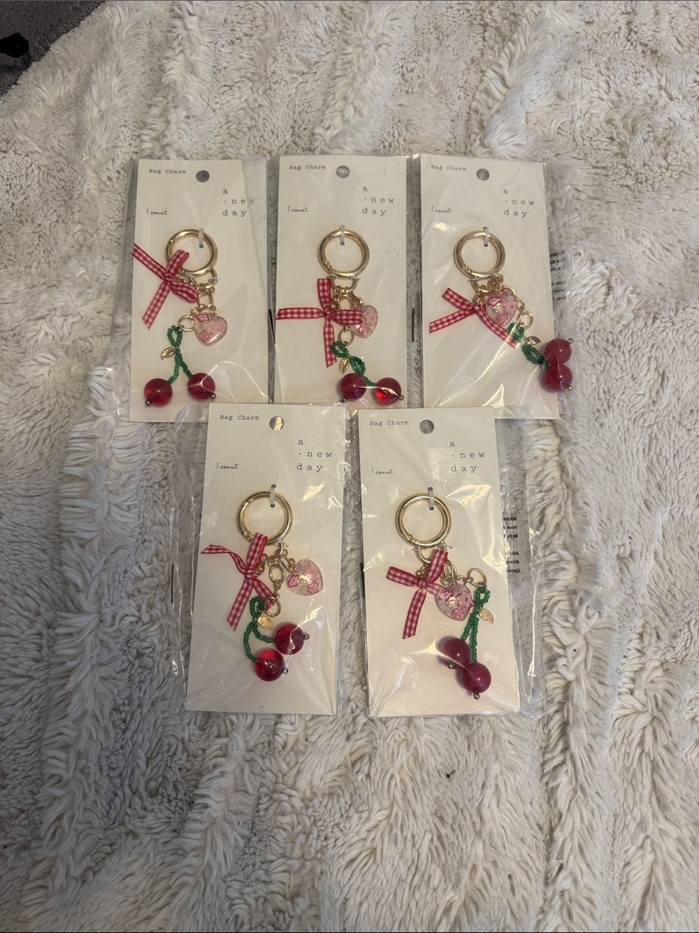 a new day Red Cherry Keychain with Pink Ribbon & Gold Hardware